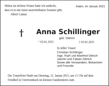 Traueranzeige von Anna Schillinger von Schwäbische Post