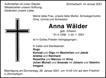 Traueranzeige von Anna Wälder von Gmünder Tagespost
