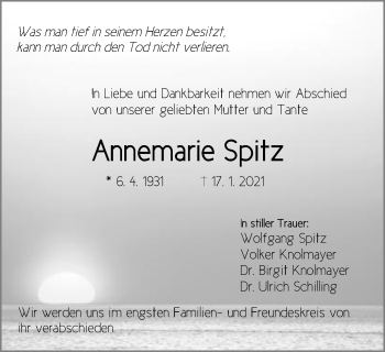 Traueranzeige von Annemarie Spitz von Gmünder Tagespost