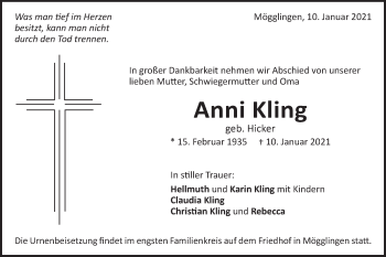 Traueranzeige von Anni Kling von Gmünder Tagespost