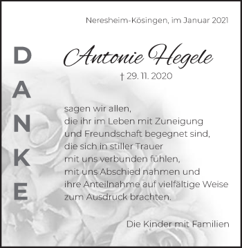 Traueranzeige von Antonie Hegele von Schwäbische Post