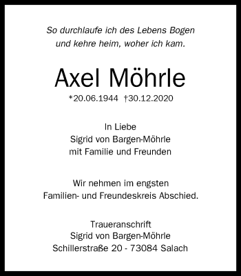 Traueranzeige von Axel Möhrle von Gmünder Tagespost