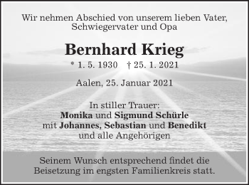 Traueranzeige von Bernhard Krieg von Schwäbische Post