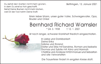 Traueranzeige von Bernhard Richard Wamsler von Gmünder Tagespost