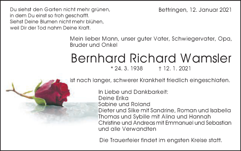  Traueranzeige für Bernhard Richard Wamsler vom 16.01.2021 aus Gmünder Tagespost