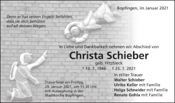Traueranzeige von Christa Schieber von Schwäbische Post