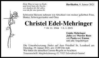 Traueranzeige von Christel Edel-Mehringer von Gmünder Tagespost