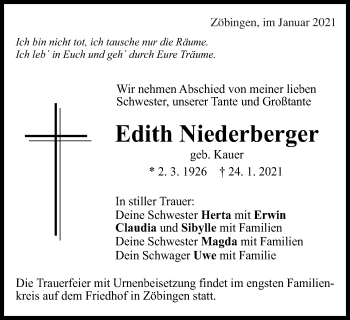 Traueranzeige von Edith Niederberger von Schwäbische Post