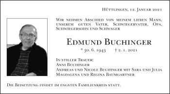 Traueranzeige von Edmund Buchinger von Schwäbische Post