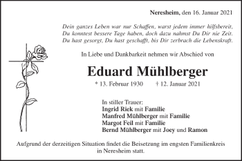 Traueranzeige von Eduard Mühlberger von Schwäbische Post