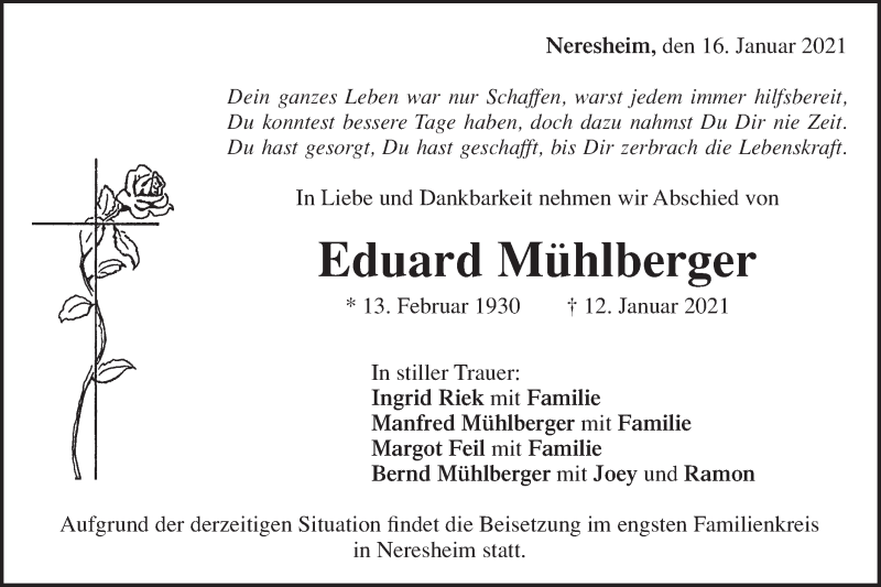  Traueranzeige für Eduard Mühlberger vom 16.01.2021 aus Schwäbische Post