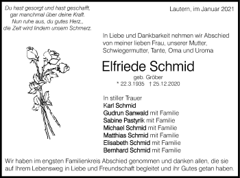 Traueranzeige von Elfriede Schmid von Gmünder Tagespost