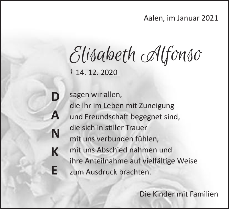  Traueranzeige für Elisabeth Alfonso vom 16.01.2021 aus Schwäbische Post