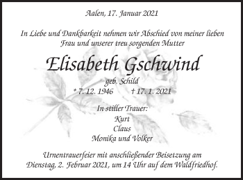 Traueranzeige von Elisabeth Gschwind von Schwäbische Post