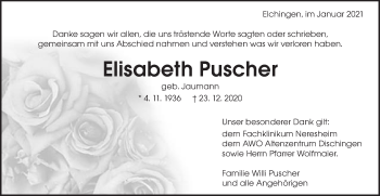 Traueranzeige von Elisabeth Puscher von Schwäbische Post