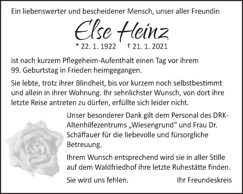  Traueranzeige für Else Heinz vom 22.01.2021 aus Schwäbische Post