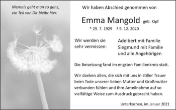 Traueranzeige von Emma Mangold von Schwäbische Post