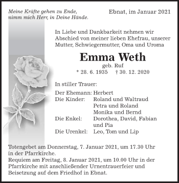 Traueranzeige von Emma Weth von Schwäbische Post