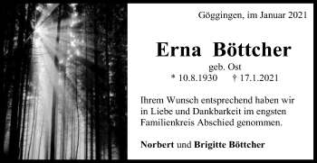 Traueranzeige von Erna Böttcher von Gmünder Tagespost