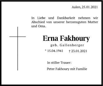 Traueranzeige von Erna Fakhoury von Schwäbische Post