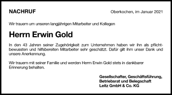 Traueranzeige von Erwin Gold von Schwäbische Post