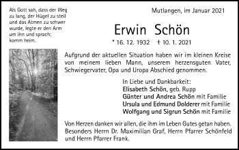 Traueranzeige von Erwin Schön von Gmünder Tagespost