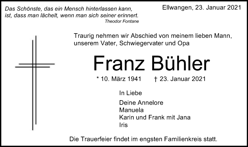  Traueranzeige für Franz Bühler vom 26.01.2021 aus Schwäbische Post