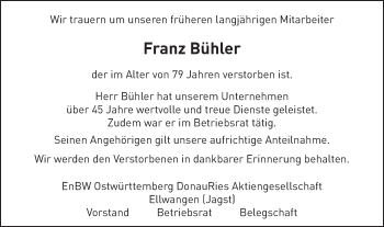 Traueranzeige von Franz Bühler von Schwäbische Post