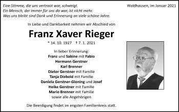 Traueranzeige von Franz Xaver Rieger von Schwäbische Post