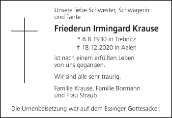 Traueranzeige von Friederun Irmingard Krause von Schwäbische Post