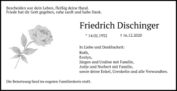 Traueranzeige von Friedrich Dischinger von Schwäbische Post