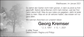Traueranzeige von Georg Kremser von Schwäbische Post