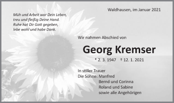 Traueranzeige von Georg Kremser von Schwäbische Post