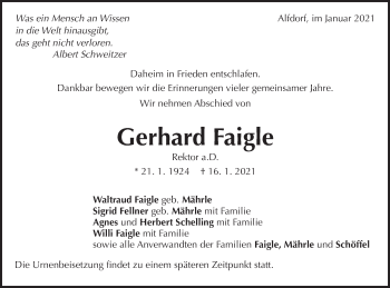 Traueranzeige von Gerhard Faigle von Gmünder Tagespost