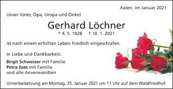 Traueranzeige von Gerhard Löchner von Schwäbische Post