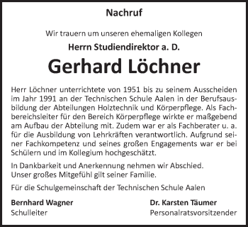 Traueranzeige von Gerhard Löchner von Schwäbische Post