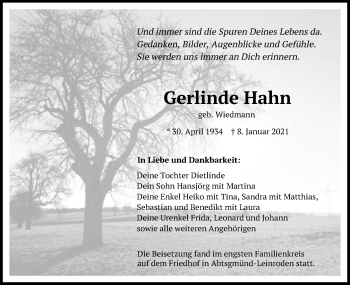 Traueranzeige von Gerlinde Hahn von Schwäbische Post