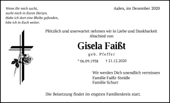 Traueranzeige von Gisela Faißt von Schwäbische Post