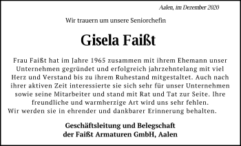 Traueranzeige von Gisela Faißt von Schwäbische Post