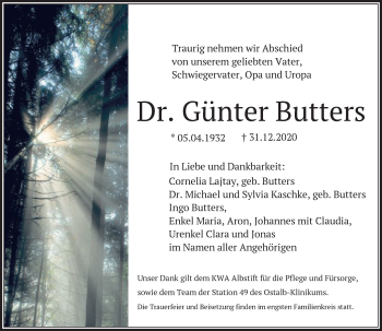 Traueranzeige von Günter Butters von Schwäbische Post