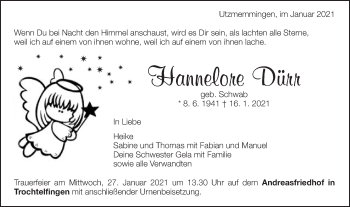 Traueranzeige von Hannelore Dürr von Schwäbische Post