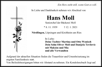 Traueranzeige von Hans Moll von Schwäbische Post