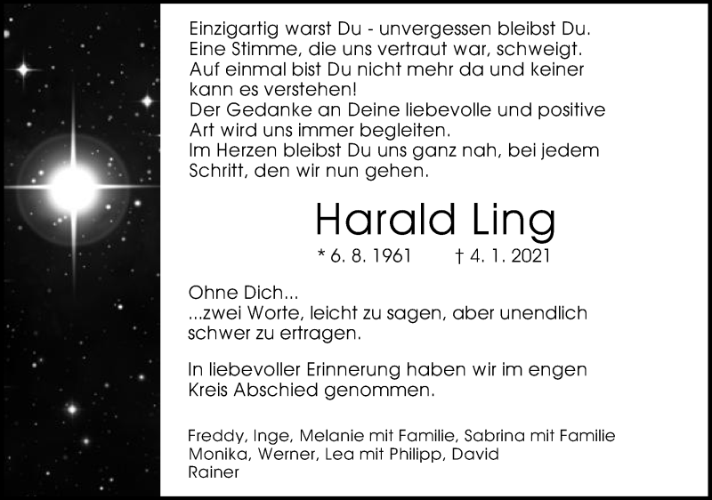  Traueranzeige für Harald Ling vom 22.01.2021 aus Gmünder Tagespost