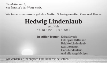 Traueranzeige von Hedwig Lindenlaub von Schwäbische Post