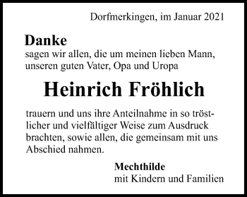 Traueranzeige von Heinrich Fröhlich von Schwäbische Post
