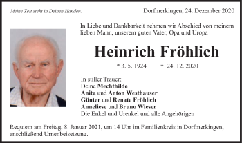 Traueranzeige von Heinrich Fröhlich von Schwäbische Post