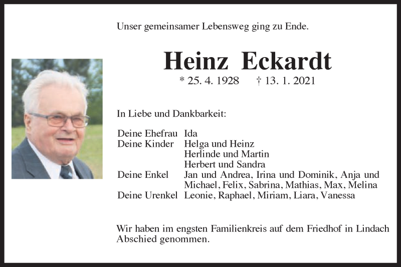  Traueranzeige für Heinz Eckardt vom 22.01.2021 aus Gmünder Tagespost