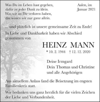 Traueranzeige von Heinz Mann von Schwäbische Post