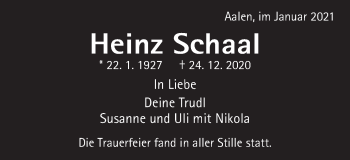 Traueranzeige von Heinz Schaal von Schwäbische Post