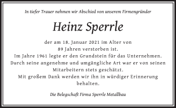 Traueranzeige von Heinz Sperrle von Schwäbische Post